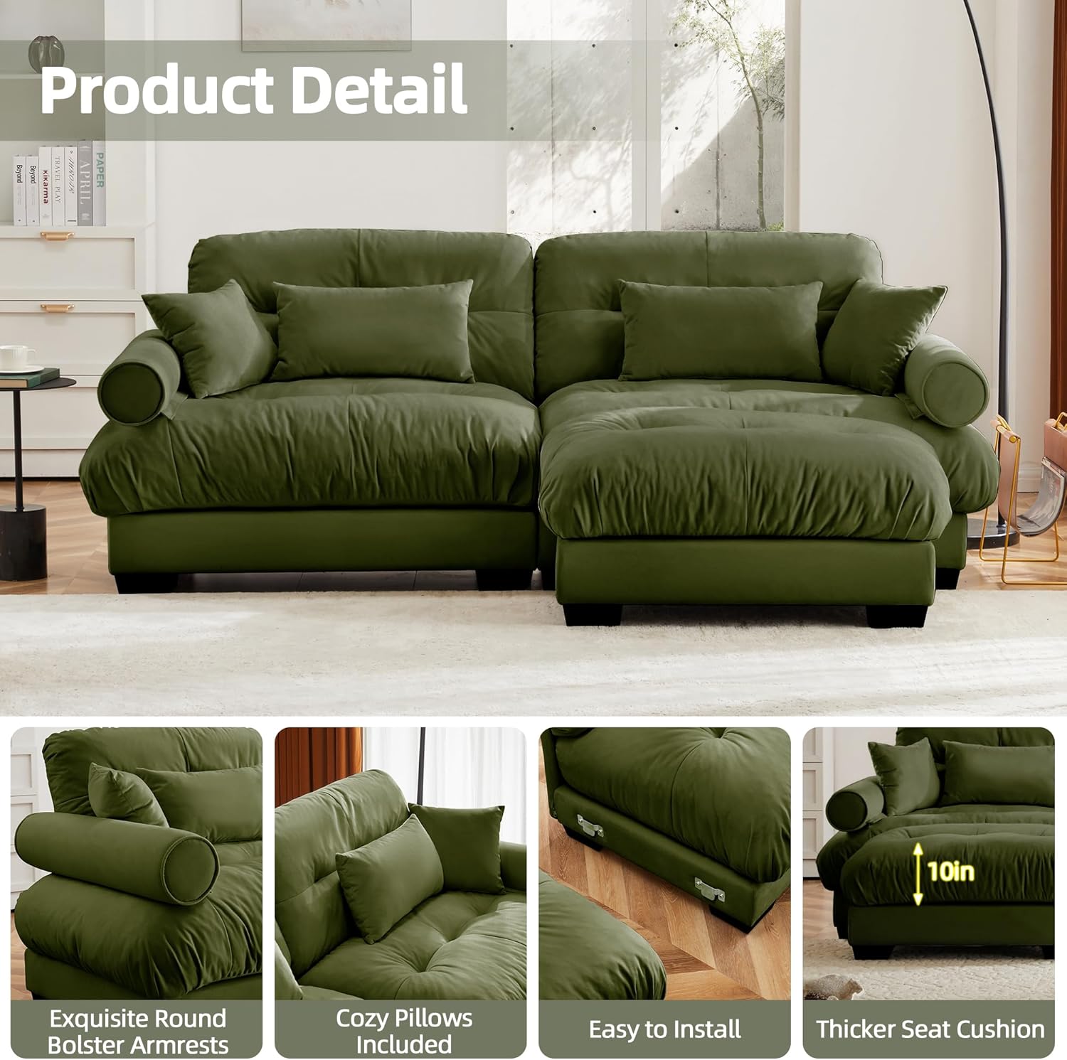 Loveseat Sofa 93.7' Modular Sectional Sofa, 2 Seater Modern Cloud L Shaped Couch, Oversized Sectional Couches for Living Room, Comfy Velvet Sofas Deep Seat Couch with 4 Pillows, Green