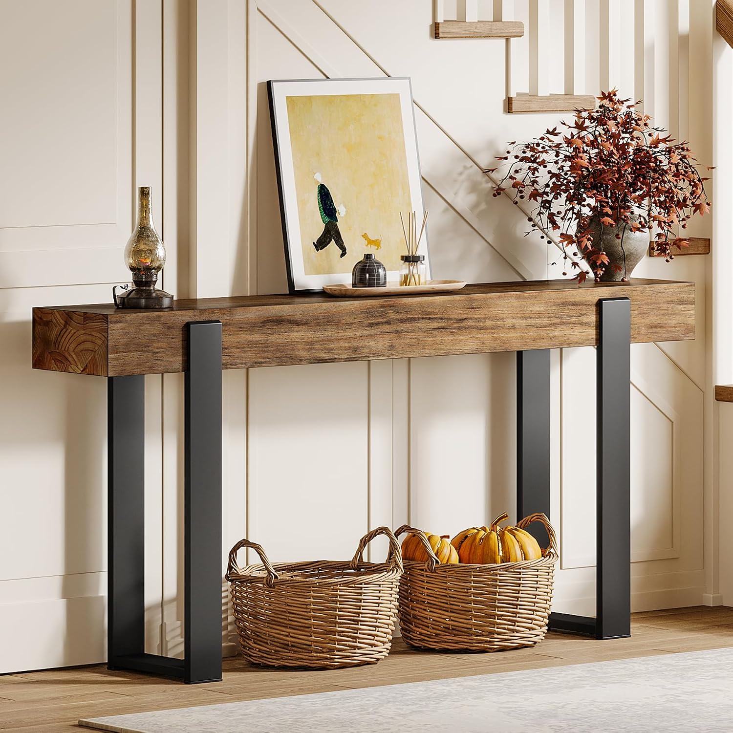 Tribesigns 63-Inch Long Console Table, Solid Wood Sofa Table Behind The Couch with Metal Support, Farmhouse Entryway Furniture for Entrance, Hallway, Living Room, Rustic Brown & Black