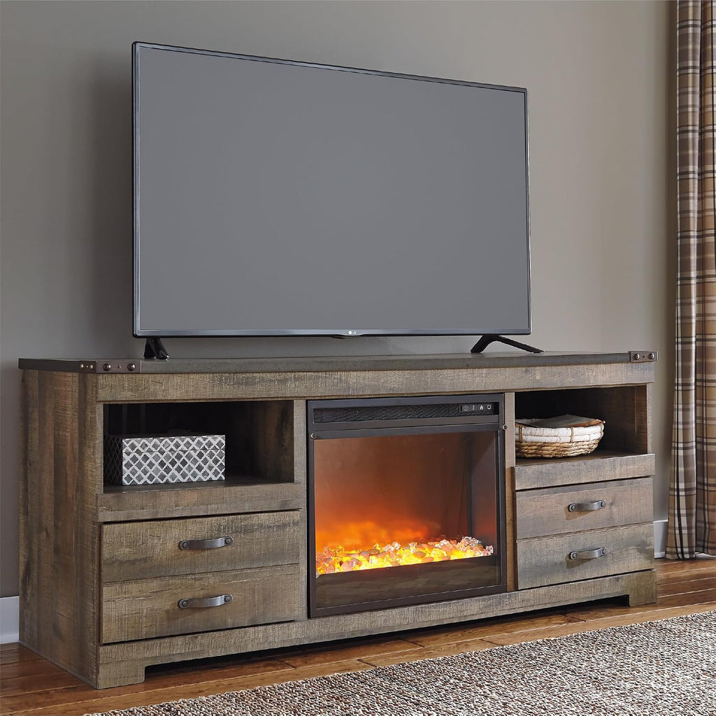 Signature Design by Ashley Trinell 63' TV Stand with Electric Fireplace Insert, Rustic Wood Look Media Console with Infrared Heat, Storage Drawers and Remote Control for Living Room Warmth