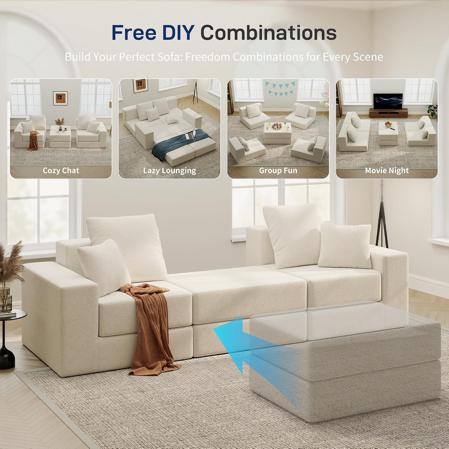 Cloud Modular Sectional Sofa, Comfy Boneless Couch for Living Room, Modern L-Shaped Couch with Reversible Chaise, Customizable Sleeper Sofa with Non Slip, No Assembly & Deep Seat, Beige