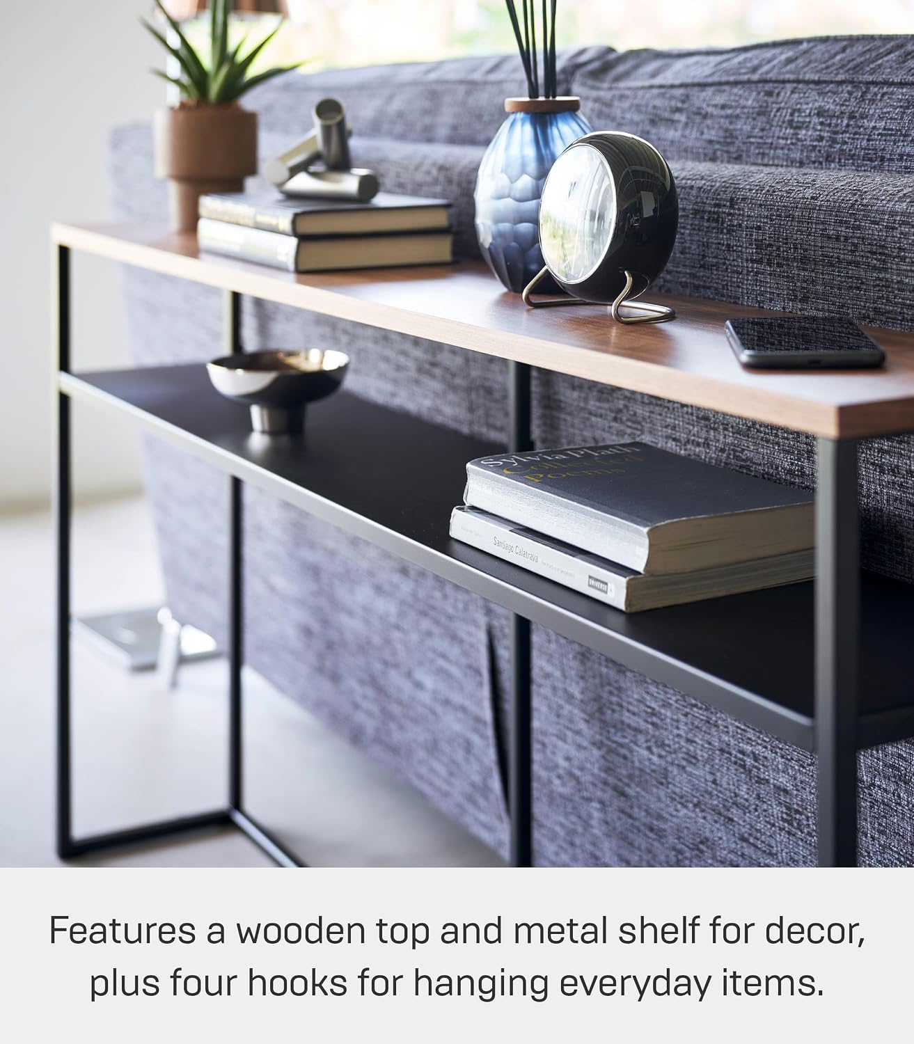 YAMAZAKI Home Tower Long Console Table for Entryway Or Hallways, Narrow Behnd Sofa Table with Wooden Top and Metal Shelf - Shelf, 26' - Steel