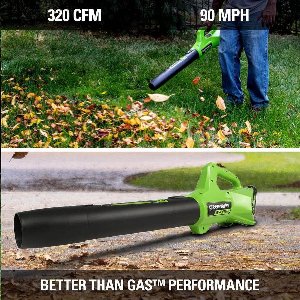 Greenworks 48V (24V x 2) Cordless Brushless Axial Leaf Blower，24V Cordless Battery Hedge Trimmer Combo Kit