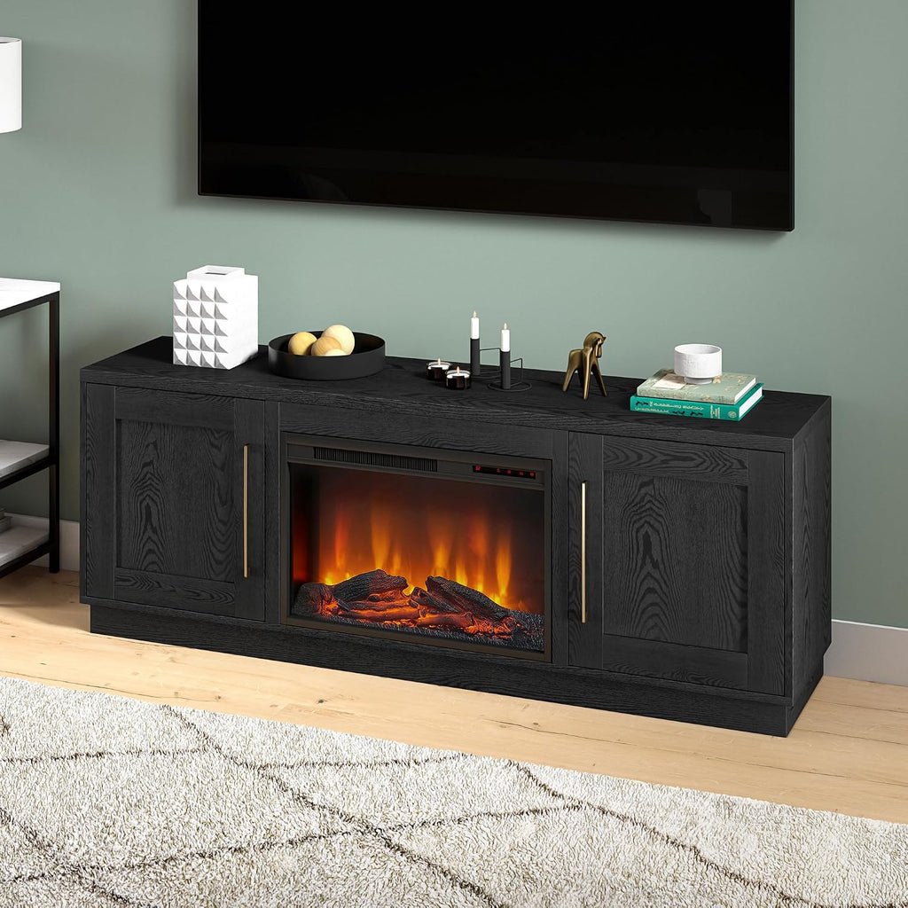 Henn&Hart TV Stand for TVs up to 75' with 26' Electric Log Fireplace for Living Room, Family Room, or Office, Natural Black