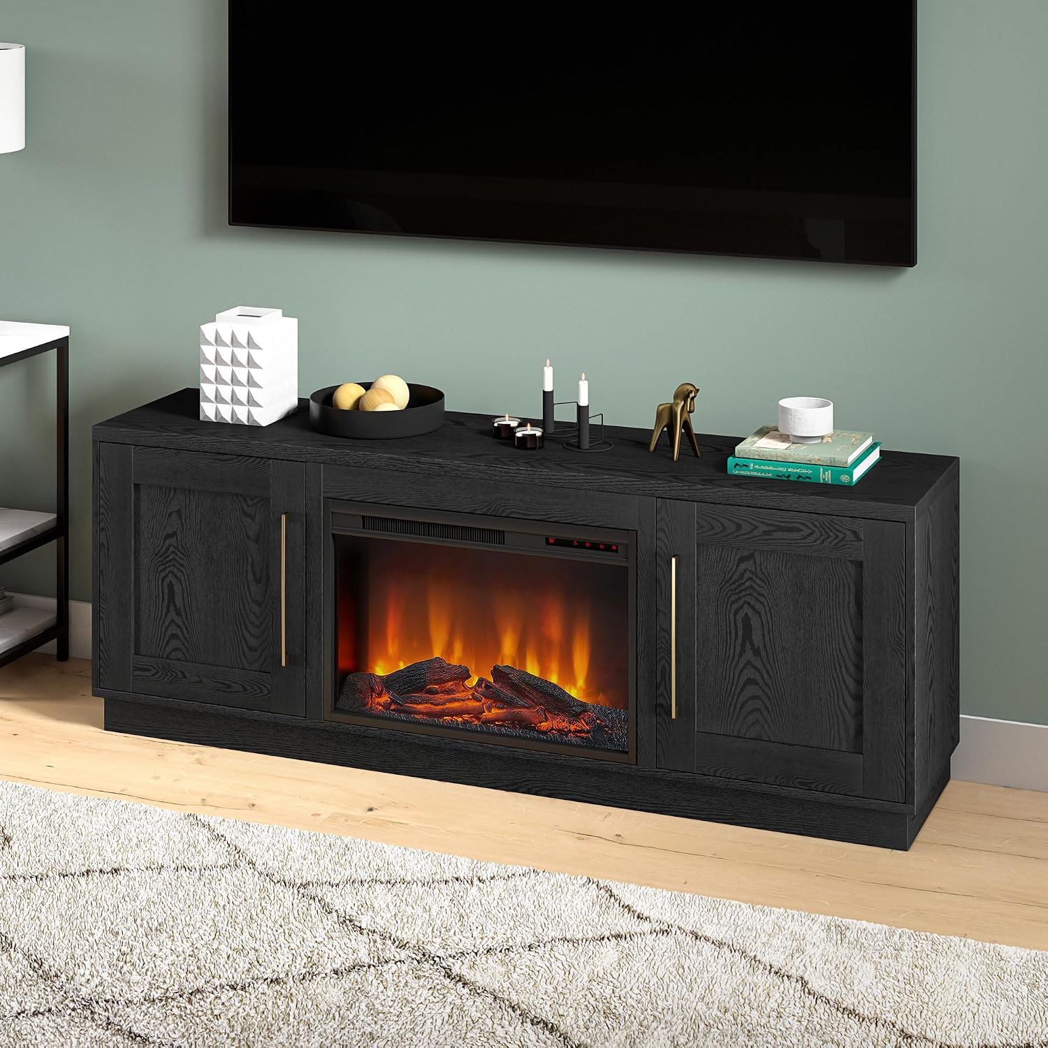 Henn&Hart TV Stand for TVs up to 75' with 26' Electric Log Fireplace for Living Room, Family Room, or Office, Natural Black