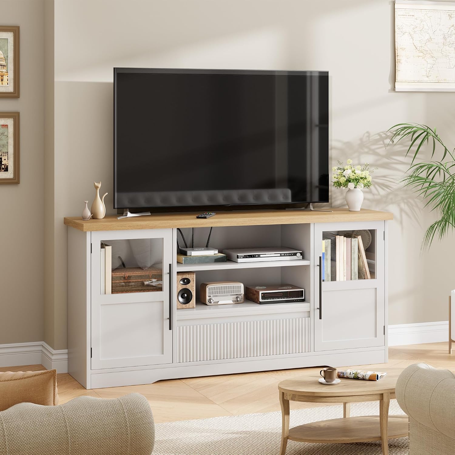 Garvee 63 in Farmhouse TV Stand for TVs Up to 72 in, Wave Pattern Entertainment Center with 2 Glass Door Cabinets & 2 Open Shelves, Sturdy Wood Media Console for Living Room, White & Natural