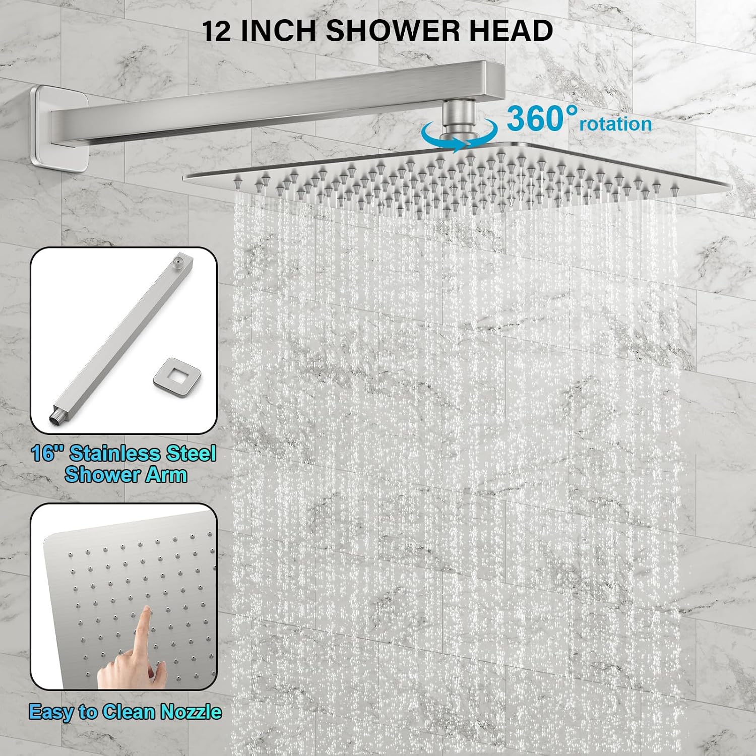 FPXRNG Shower Faucet Set Bathroom Square Rain Shower Head and Handle Set, Wall Mounted Shower Fixtures, Full Metal Trim Repair Kit 12 inch Brushed Nickel (With Shower Valve)