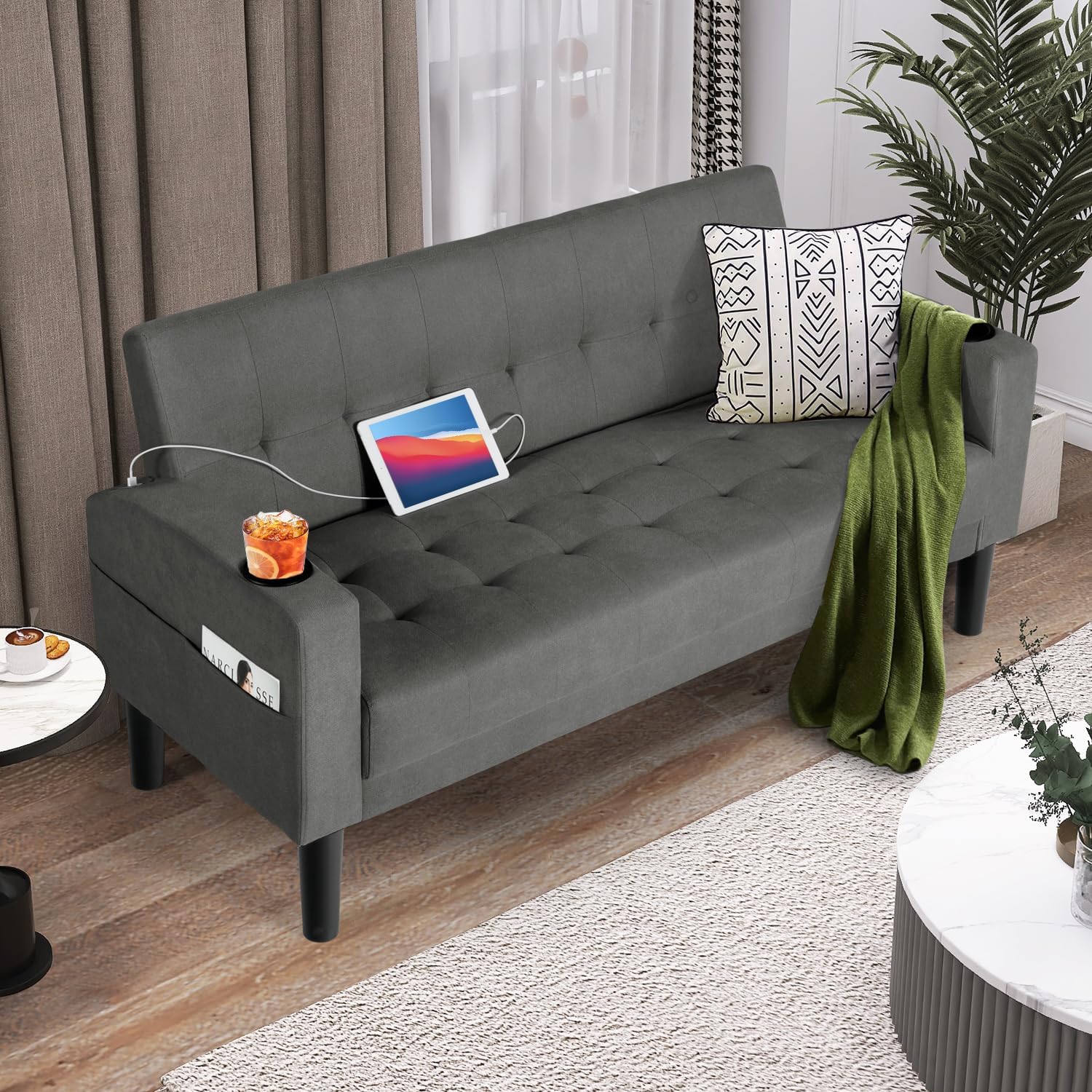 AILEEKISS 62' Loveseat Couches Upholstered Fabric Linen Love Seat Sofas Couch with 2 USB, Cup Holders, Side Pocket, Modern Tufted Sofa for Living Room, Office, Bedroom, Apartment (2-Seat, Dark Grey)
