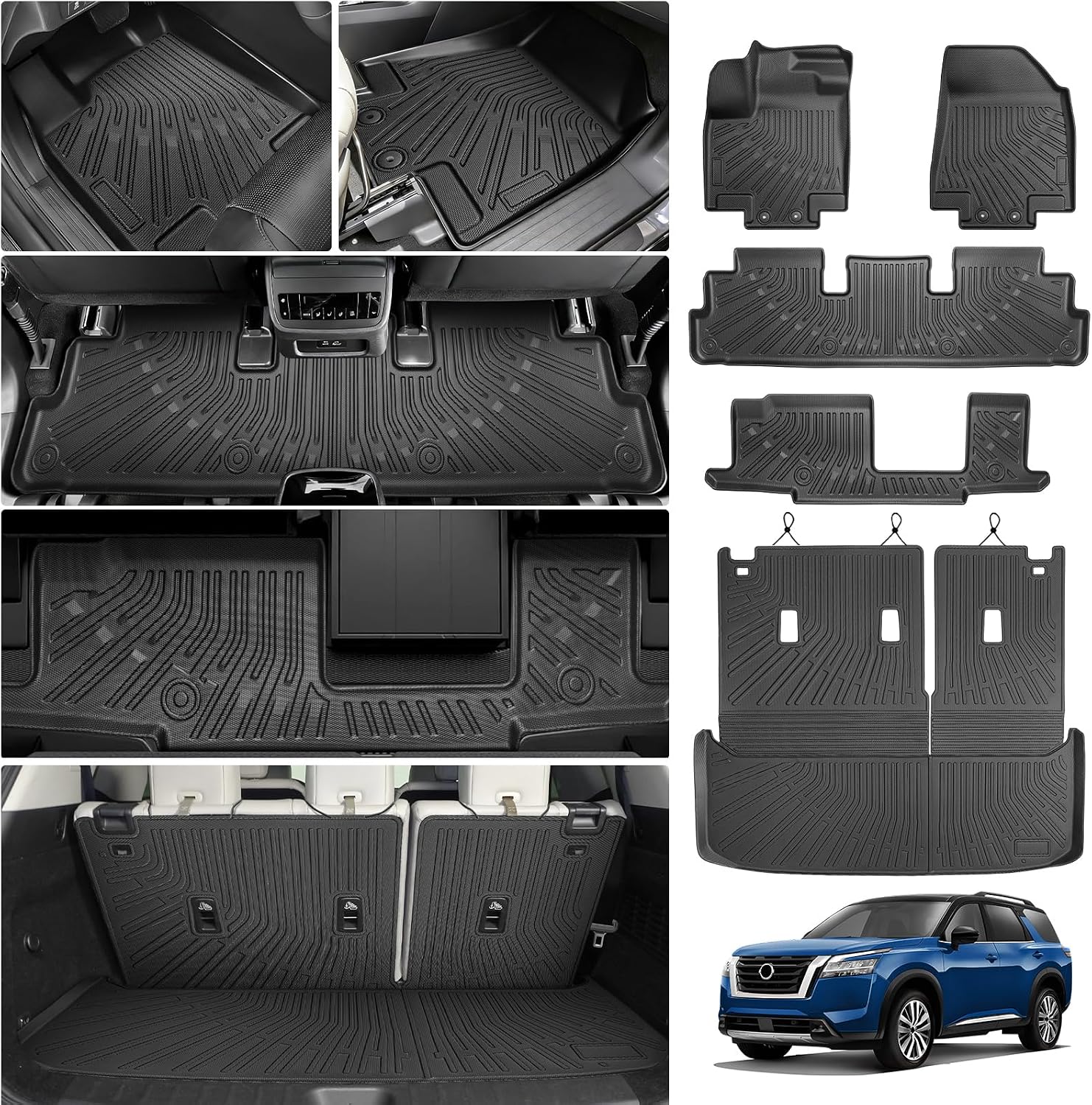 Cartist Floor Mats and Cargo Liner Fit for Nissan Pathfinder 8 Seats 2022-2026 All Weather TPE Floor Mat Pathfinder Accessories Heavy Duty Carpet Protection (Trunk Mat with Backrest Mat+Floor Mats)