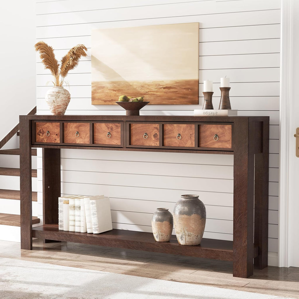 IDEALHOUSE 54inch Rustic Wooden Entryway Table with 2 Drawers & Open Shelf – Farmhouse Console Sofa Table for Hallway, Foyer & Living Room, Burlywood