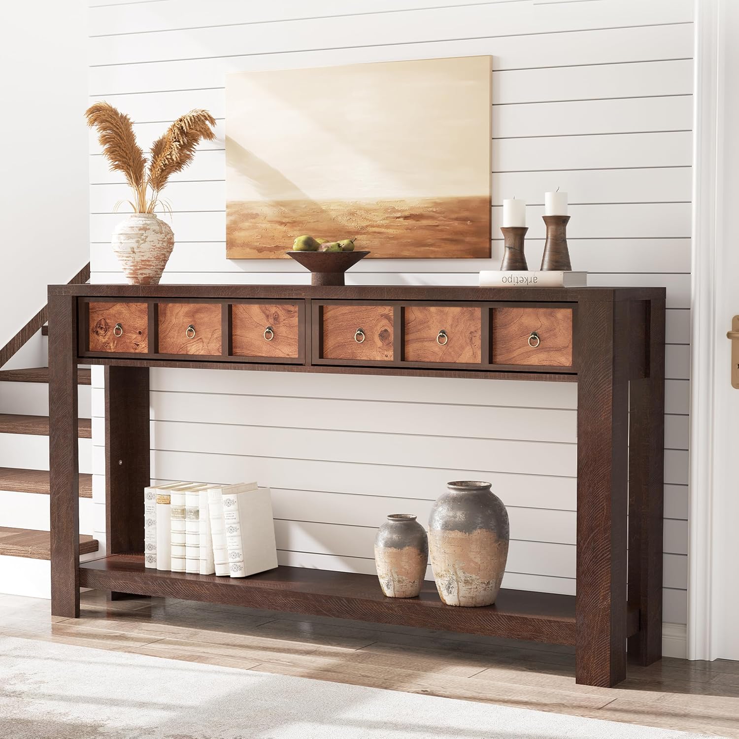IDEALHOUSE 54inch Rustic Wooden Entryway Table with 2 Drawers & Open Shelf – Farmhouse Console Sofa Table for Hallway, Foyer & Living Room, Burlywood