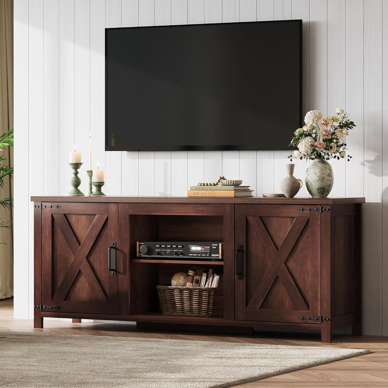 WLIVE Modern Farmhouse TV Stand for TVs up to 65', Entertainment Center with X-Shaped Barn Doors, Large Storage Media TV Console with Adjustable Shelves & Cable Holes for Living Room, Brown