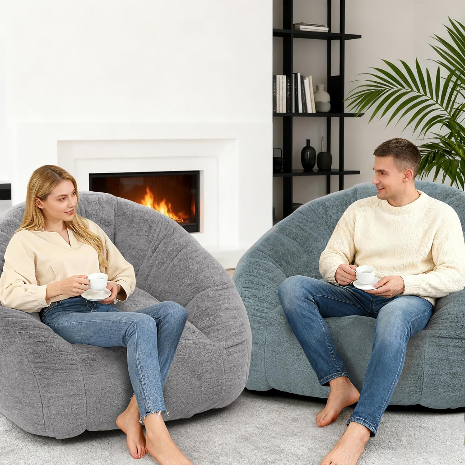 Bean Bag Chair for Adults, Soft Faux Fur Giant Beanbag Chairs, Oversized Cozy Bean Bag Couch Large Reading Chair, Comfy Bean Bag Sofa for Living Room, Bedroom & Dorm, Gray