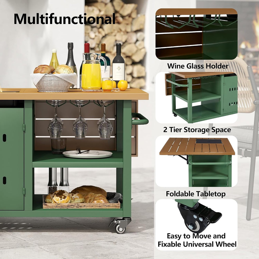 44' Propane Fire Pit, Outdoor Fire Pit Table with Cover, Outdoor Fireplace Gas Fire Pits for Outside Patio, Rectangular Firepit Table with Lid and Glass Rocks for Indoor/Deck/Backyard, Green
