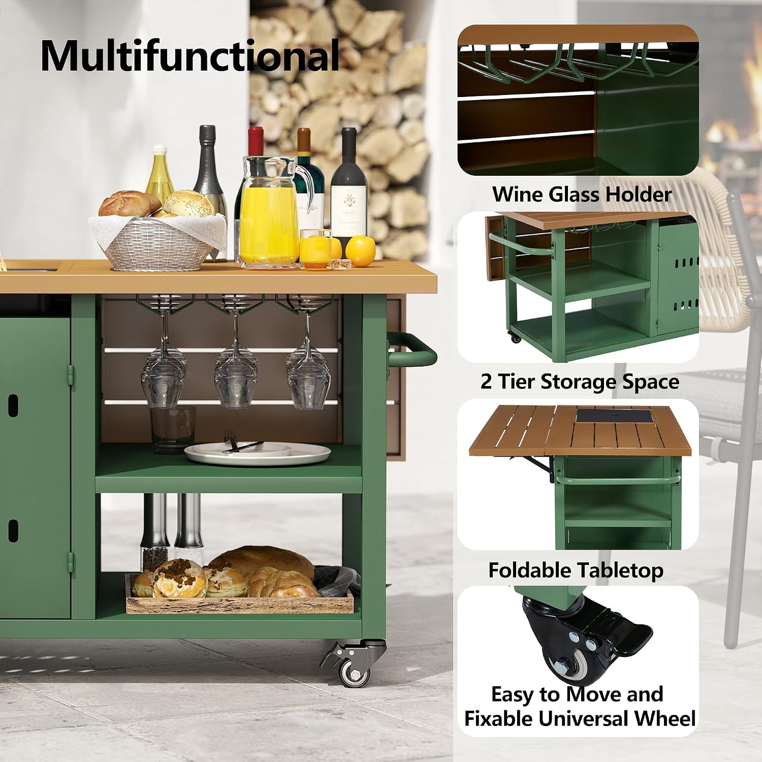 44' Propane Fire Pit, Outdoor Fire Pit Table with Cover, Outdoor Fireplace Gas Fire Pits for Outside Patio, Rectangular Firepit Table with Lid and Glass Rocks for Indoor/Deck/Backyard, Green
