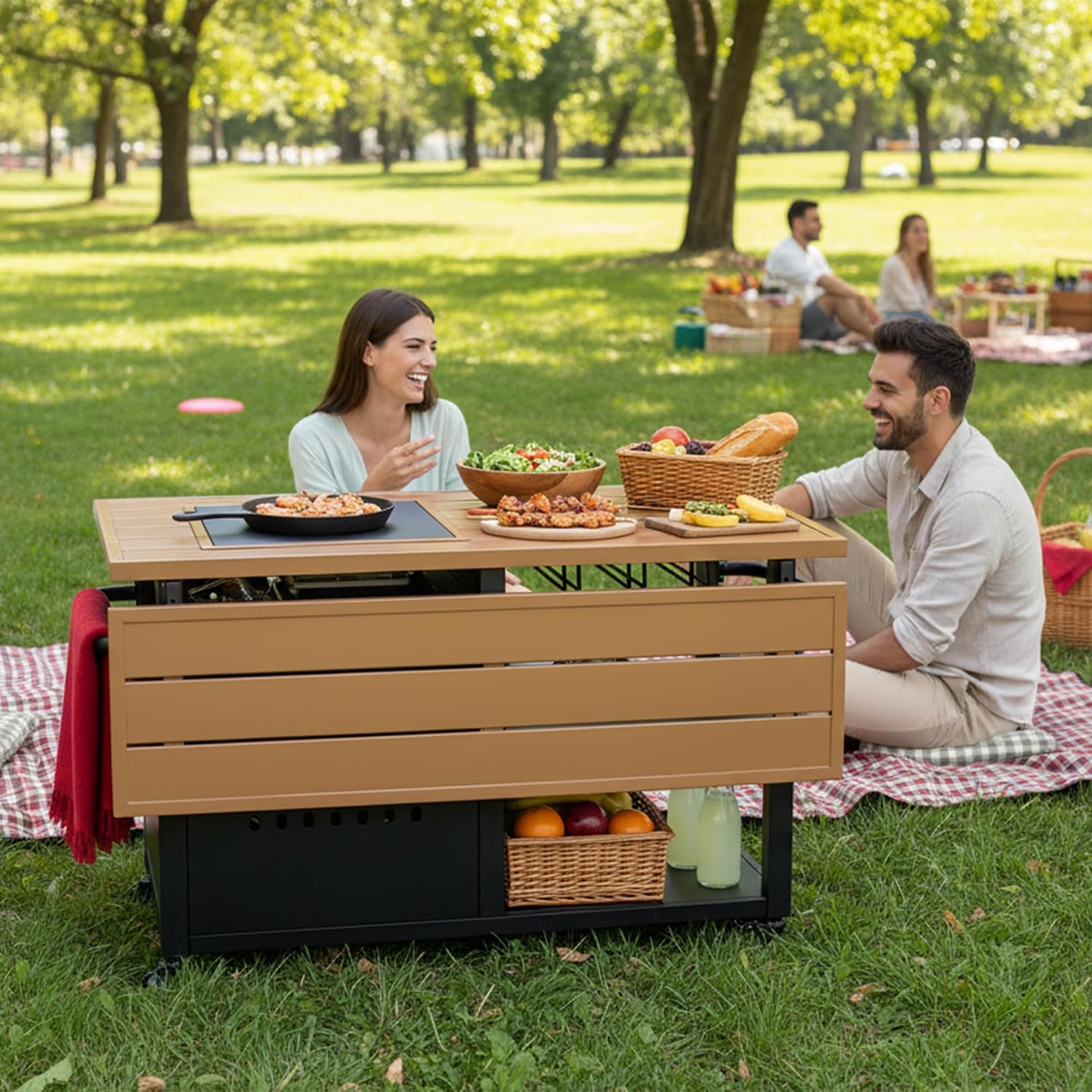 44' Propane Fire Pit, Gas Fire Pits for Outside Patio with Cover, Moveable Outdoor Storage Cabinet with Handle/Wine Guard, BBQ Grill Cart for Patio with Extendable Tabletop for Deck, Black