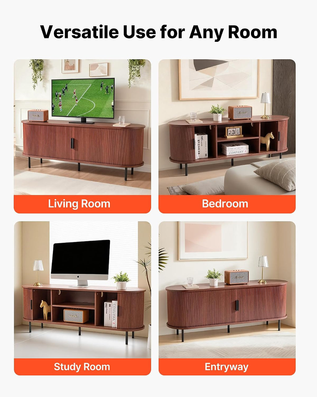 VEVOR Fluted TV Stand for TVs up to 65 inch, Mid-Century Modern Entertainment Center, Boho Media Console with Storage Cabinet & Sliding Tambour Door, Television Stand for Living Room, Bedroom, Walnut
