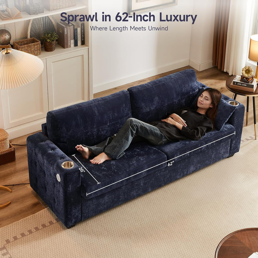 ONBRILL Pull Out Sofa Bed, Chenille Full Size Sleeper Sofa Bed with Cup Holder and USB Port, 76 inch Couch Bed with Memory Foam, Button Tufting Loveseat Couch for Living Room, Blue