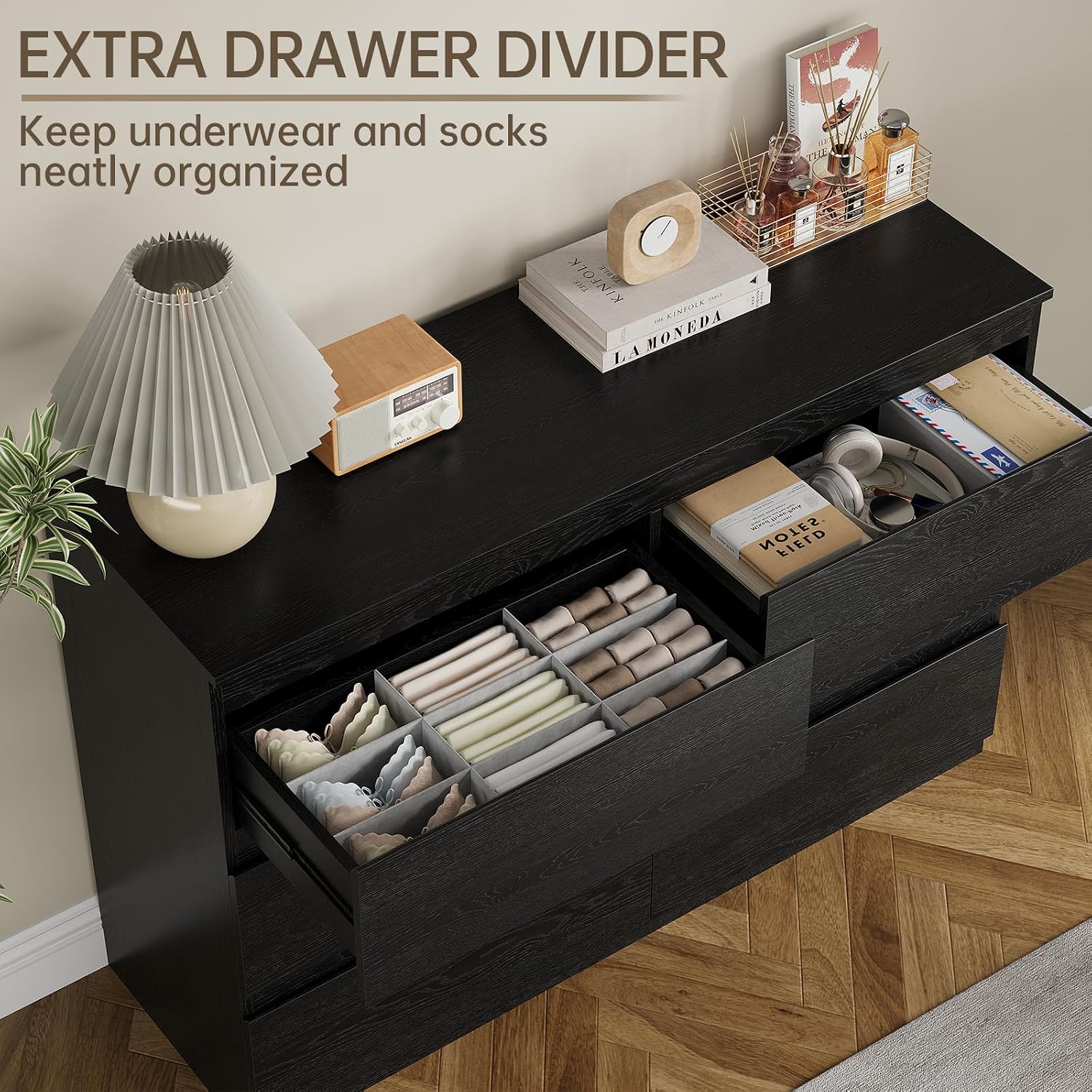 OtterOasis Black Wood Dresser, 6 Drawer Dressers for Clothes Storage for Bedroom, Modern Dresser with Wide Drawers, Wide Wooden Chest Drawers for Living Room|Entryway|TV Stand(47' W x15.4 Dx32.3 H)
