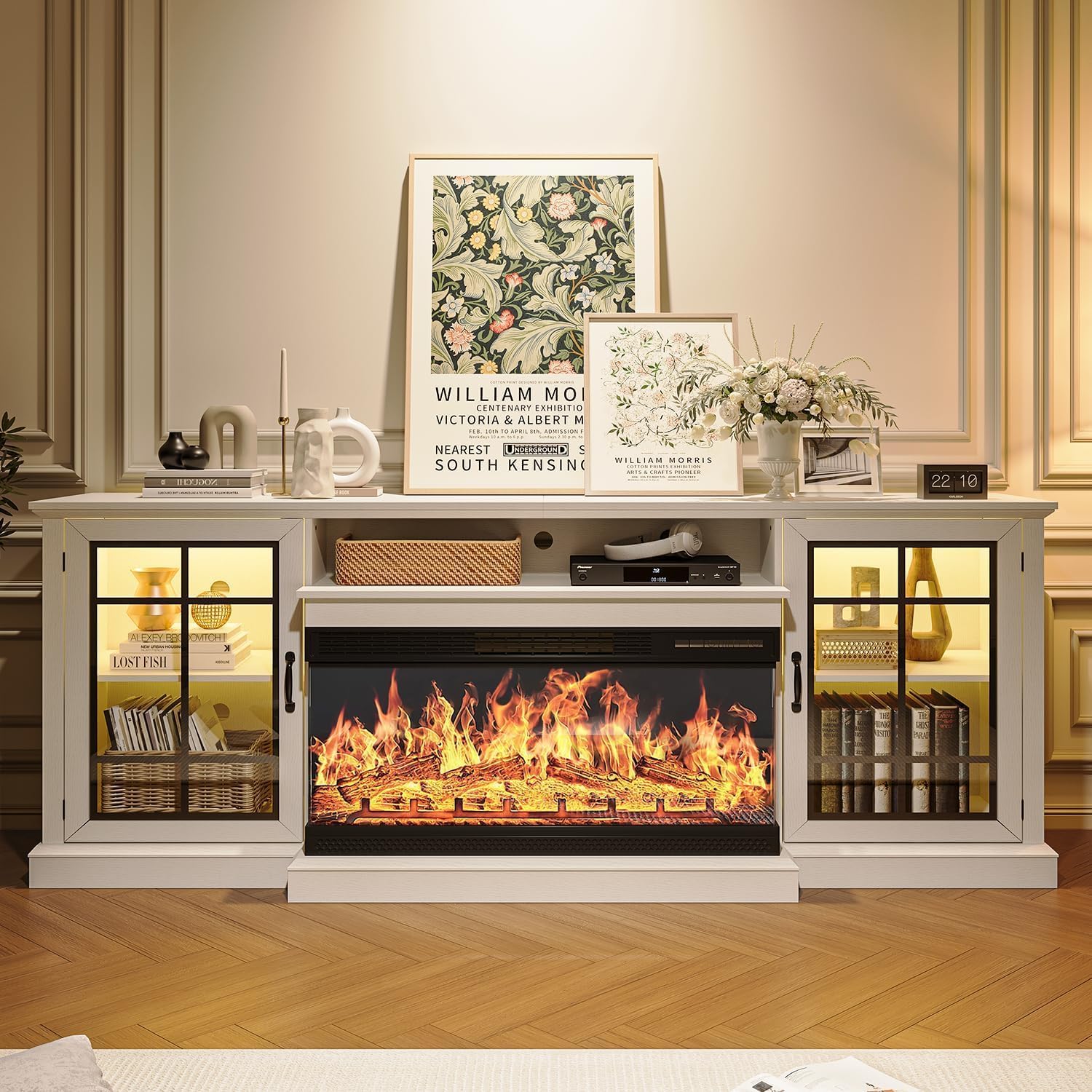 MXV 80'' Fireplace TV Stand, Farmhouse Entertainment Center with 3 Sided Glass TV Stand, Modern Media Console Table with Storage Drawers & Cabinets with LED Flame and Lights for Living Room, White