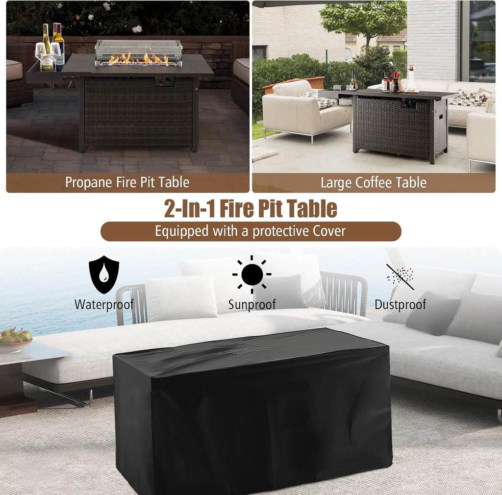 Tangkula Patio Propane Fire Pit Table, 52 Inch Wicker Gas Fire Pit with Wind Guard & Extended Shelf, 50,000 BTU Heat Output, Rectangular Fire Table with Blue Fire Stone & Waterproof Cover (Brown)