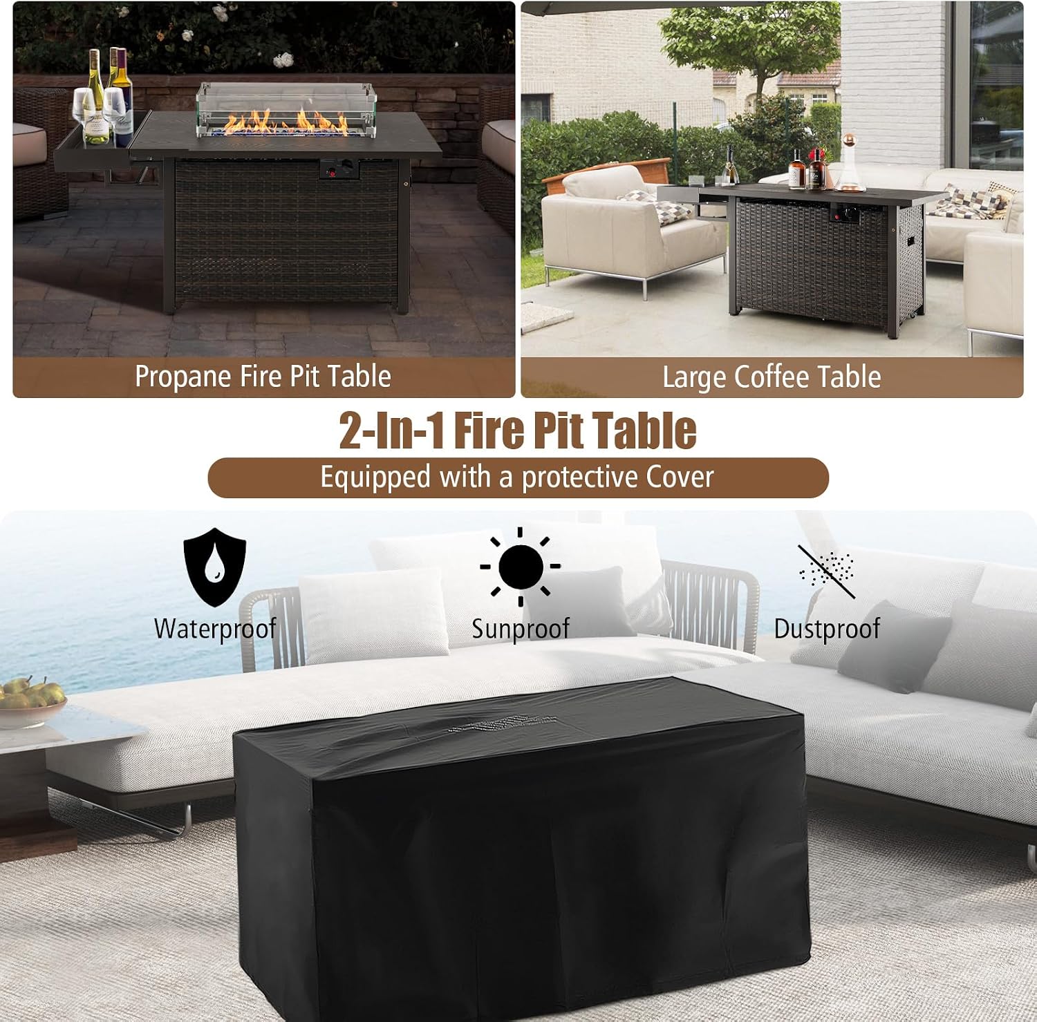 Tangkula Patio Propane Fire Pit Table, 52 Inch Wicker Gas Fire Pit with Wind Guard & Extended Shelf, 50,000 BTU Heat Output, Rectangular Fire Table with Blue Fire Stone & Waterproof Cover (Brown)