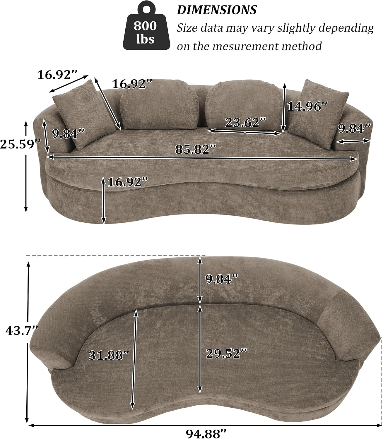 95' Modern Curved Sofa, Chenille Fabric Comfy Cloud Couch, No Assembly Required Half Moon Couch with Deep Seat, 4 Pillows for Living Room, Apartment, Bedroom