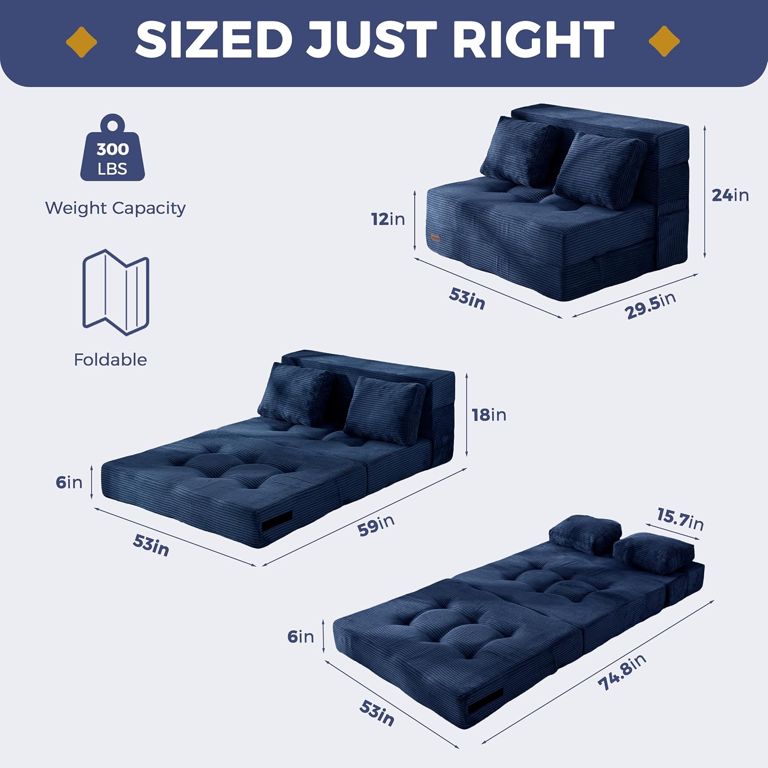 MAXYOYO Convertible Sofa Bed, Fold Out Sleeper Sofa with Pillow, 4 in 1 Tufted Folding Couch Bed Foam Floor Couch, Lazy Chair for Living Room Bedroom Guest Room, Navy