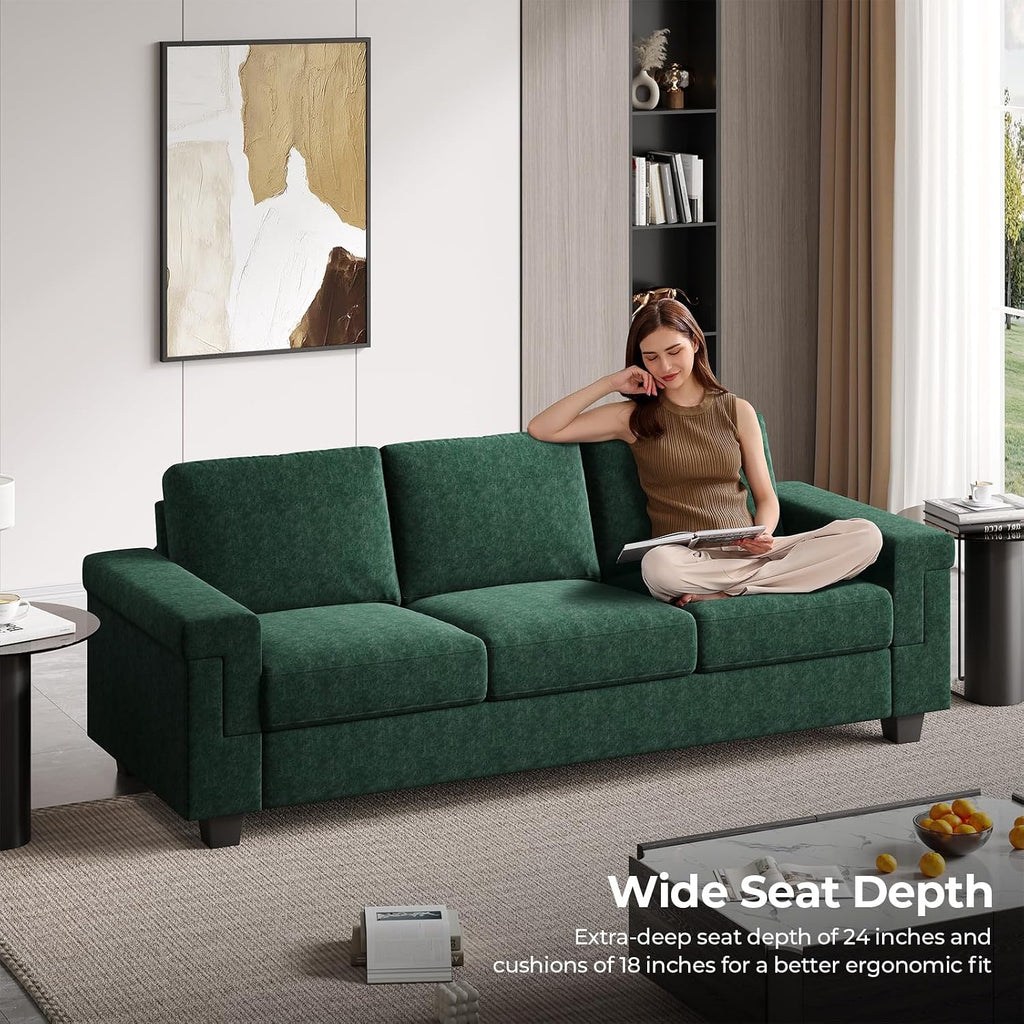 COPIAE 3 Seater Sofa Couch with Deep Seat, 90' Modern Upholstered Sofa with Armrests, Easy Installation, Comfy Couches for Living Room, Apartment, Green