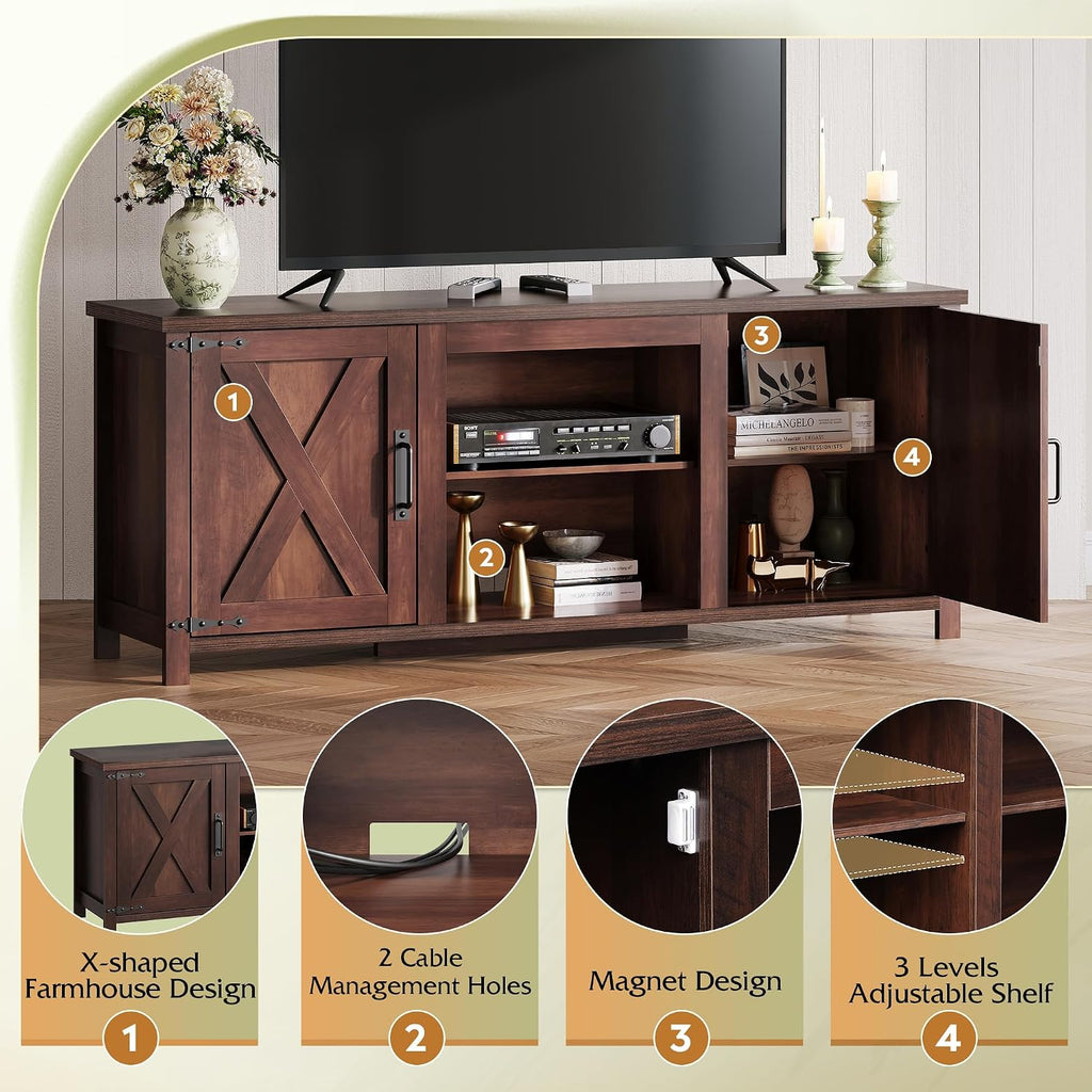 WLIVE Modern Farmhouse TV Stand for TVs up to 65', Entertainment Center with X-Shaped Barn Doors, Large Storage Media TV Console with Adjustable Shelves & Cable Holes for Living Room, Brown