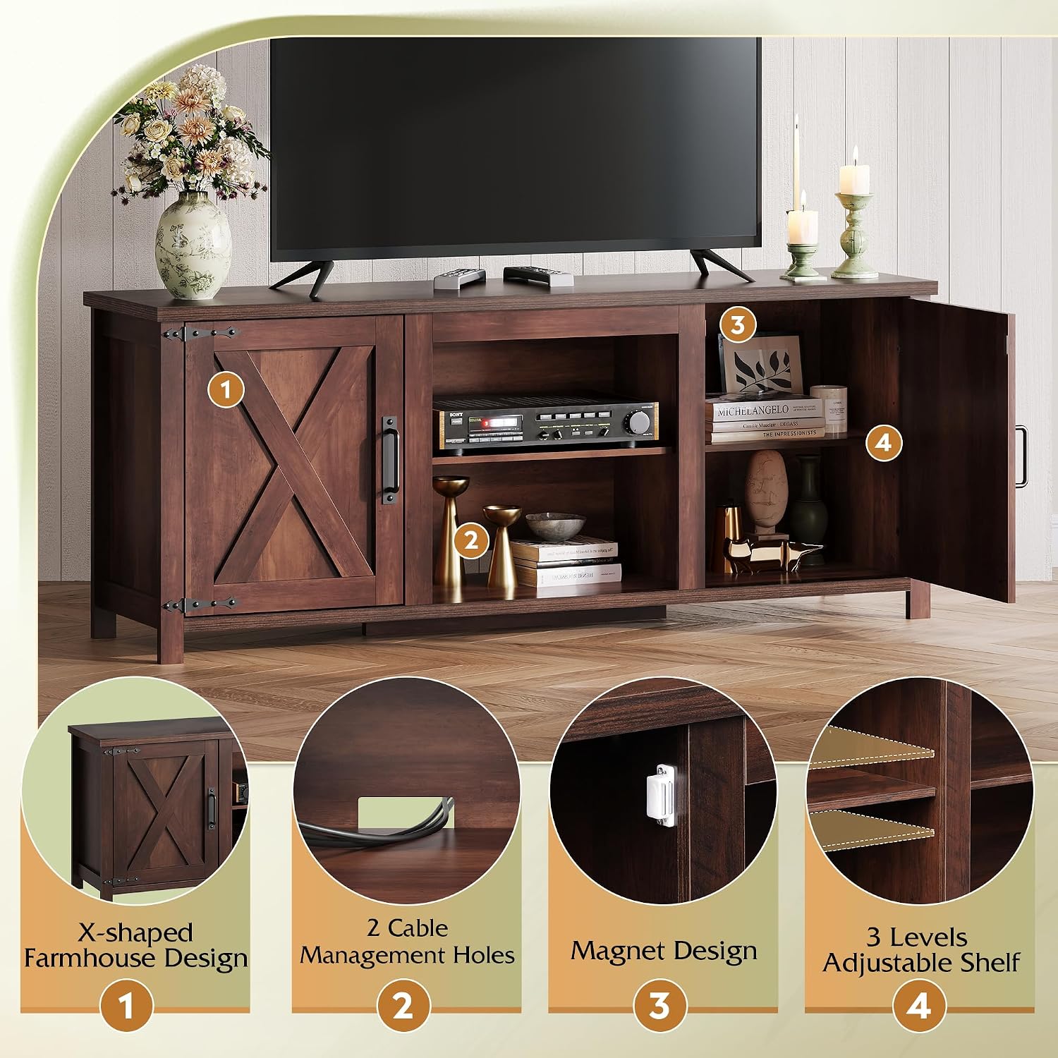 WLIVE Modern Farmhouse TV Stand for TVs up to 65', Entertainment Center with X-Shaped Barn Doors, Large Storage Media TV Console with Adjustable Shelves & Cable Holes for Living Room, Brown