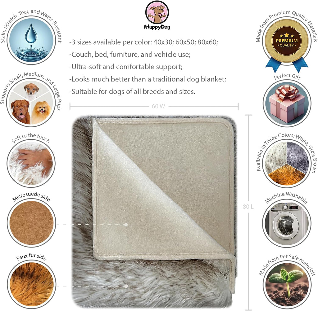 IHAPPYDOG Waterproof Faux Fur Dog Blanket – Pet Throw & Couch Protector for Sofa, Bed, Furniture – Plush Pup Cover for Small Medium Large Dogs – Machine Washable – White w/Brown Tips – 80' x 60'