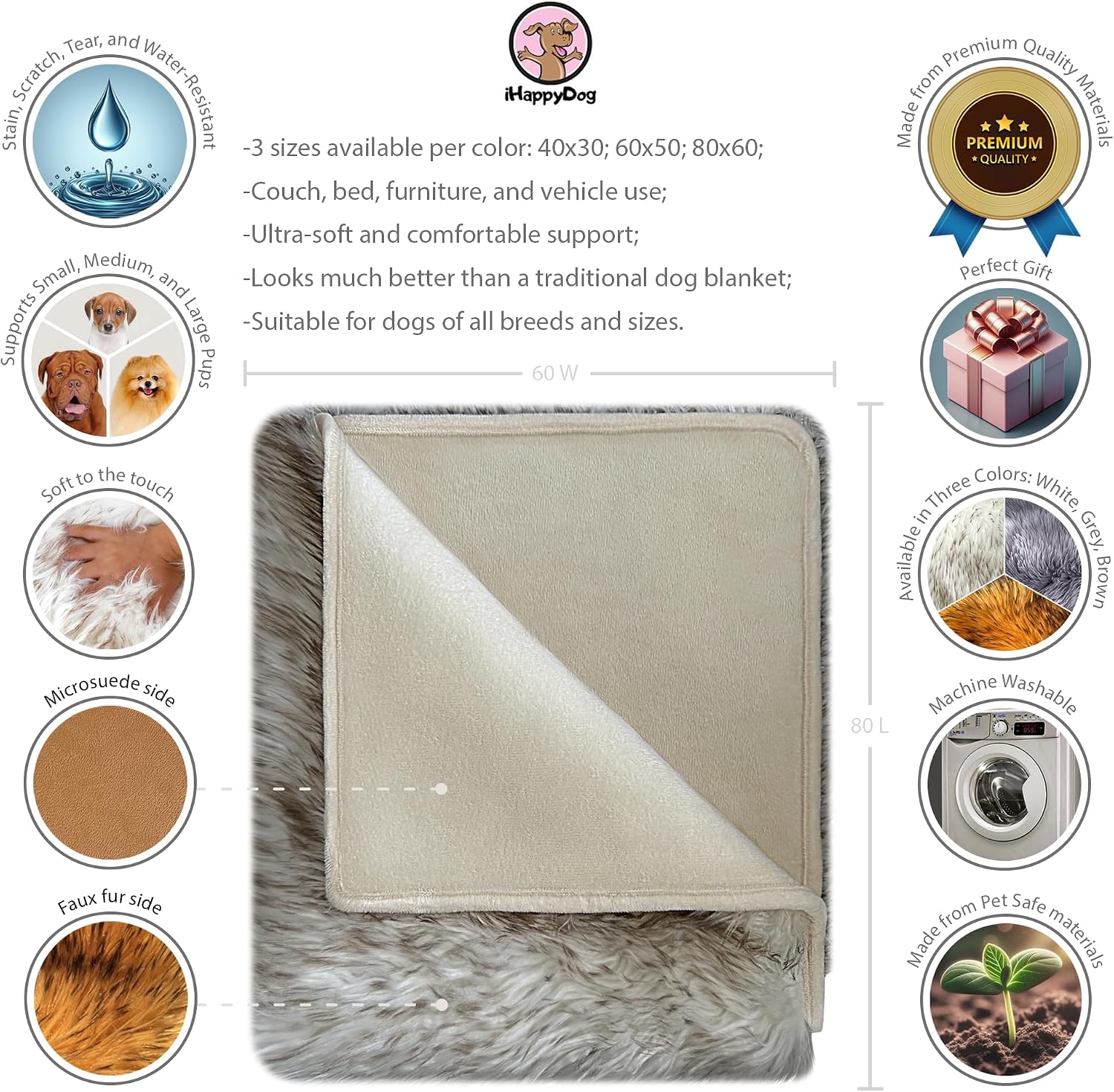 IHAPPYDOG Waterproof Faux Fur Dog Blanket – Pet Throw & Couch Protector for Sofa, Bed, Furniture – Plush Pup Cover for Small Medium Large Dogs – Machine Washable – White w/Brown Tips – 80' x 60'