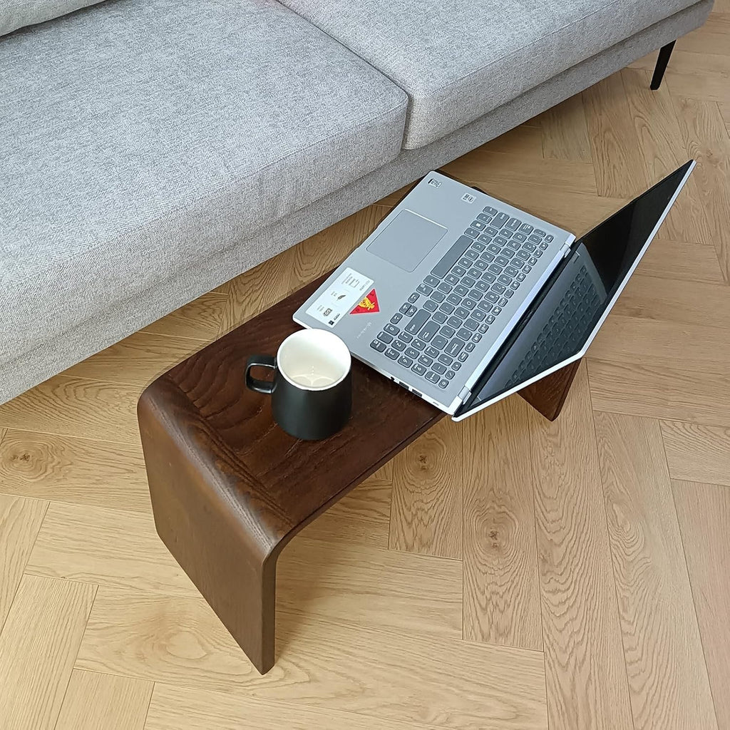 Simple C Shaped End Table Couch Side Table, Item Placement Computer Office Side Table, Solid Wood Frame for Living Room Bedroom Side Tables, Walnut Color