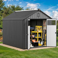 DWVO 8x10 FT Outdoor Storage Shed with Vision Grid Door Panel, 544 cuft Plastic Storage Shed with Floor, 16mm Heavy Duty All-Weather Garden Tool Sheds with Window & Vent for Pool Supplies, Black