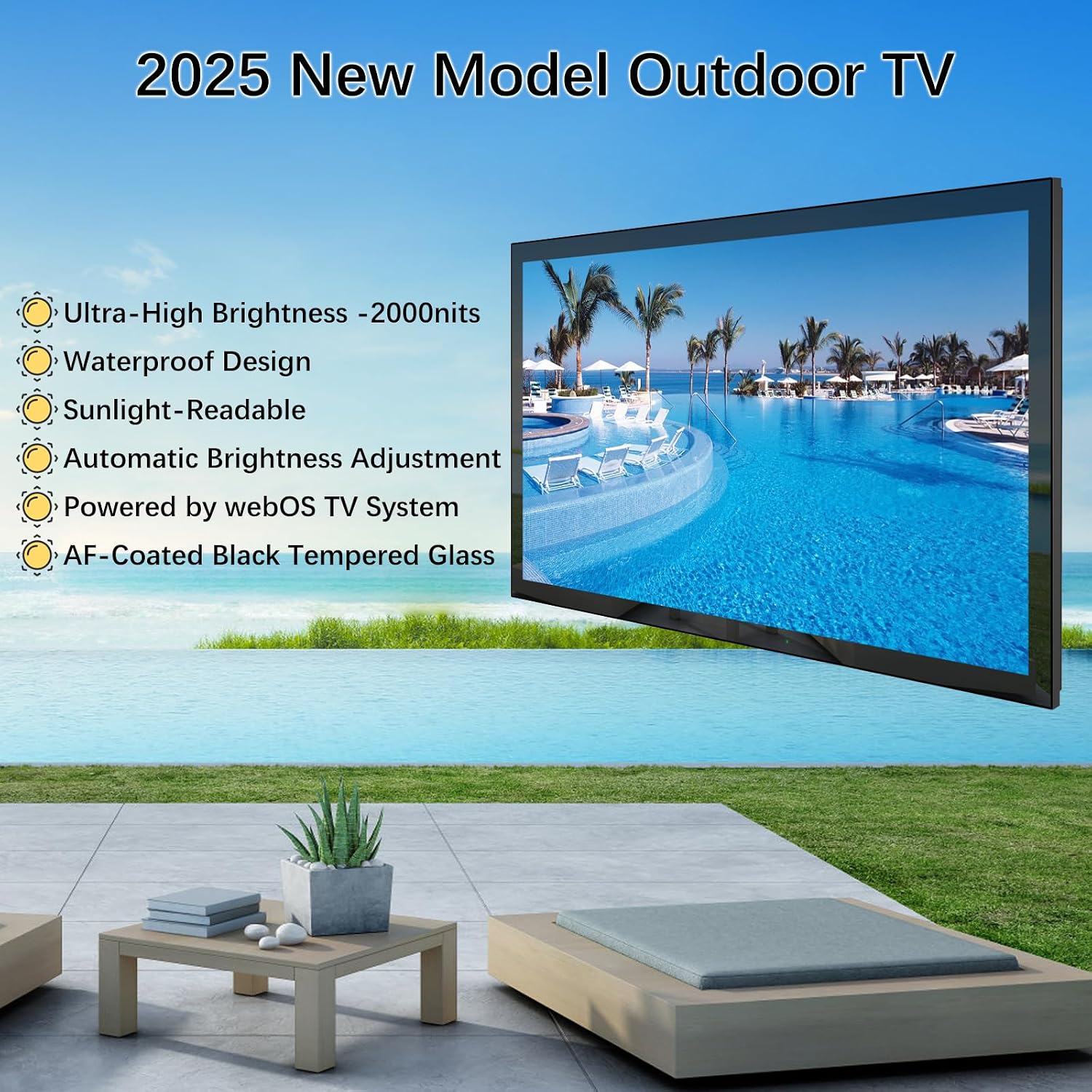 55-Inch IP65 Waterproof Smart TV for Outdoor, 4K UHD 2000Nits with Luxury Black Tempered Glass Front Panel, All Weather TV for Outside Partial Sun(webOS)