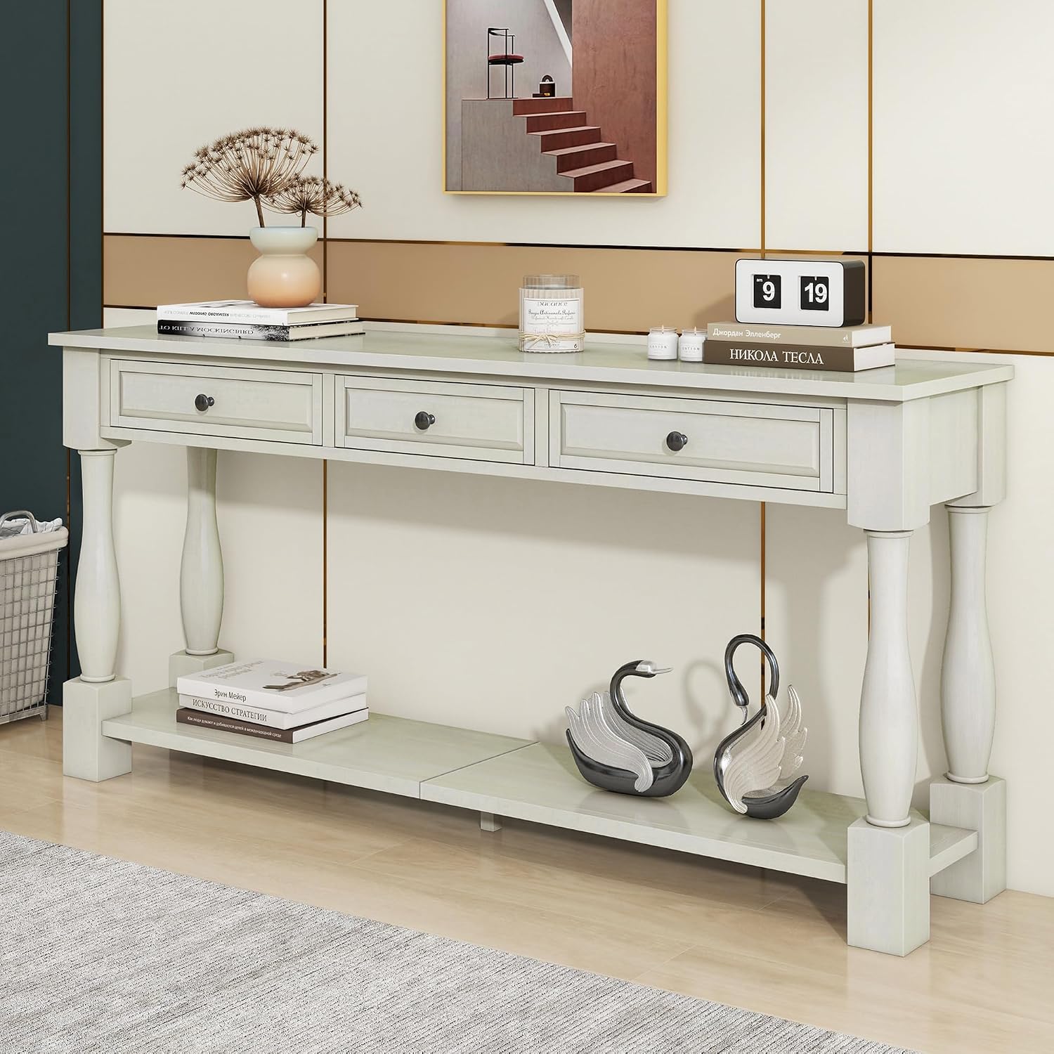 Merax LUMISOL 64 inch Long Console Sofa Table with 3 Drawers and Bottom Shelf, Hallway Table Entryway Table for Living Room, Easy Assembly (Antique White).