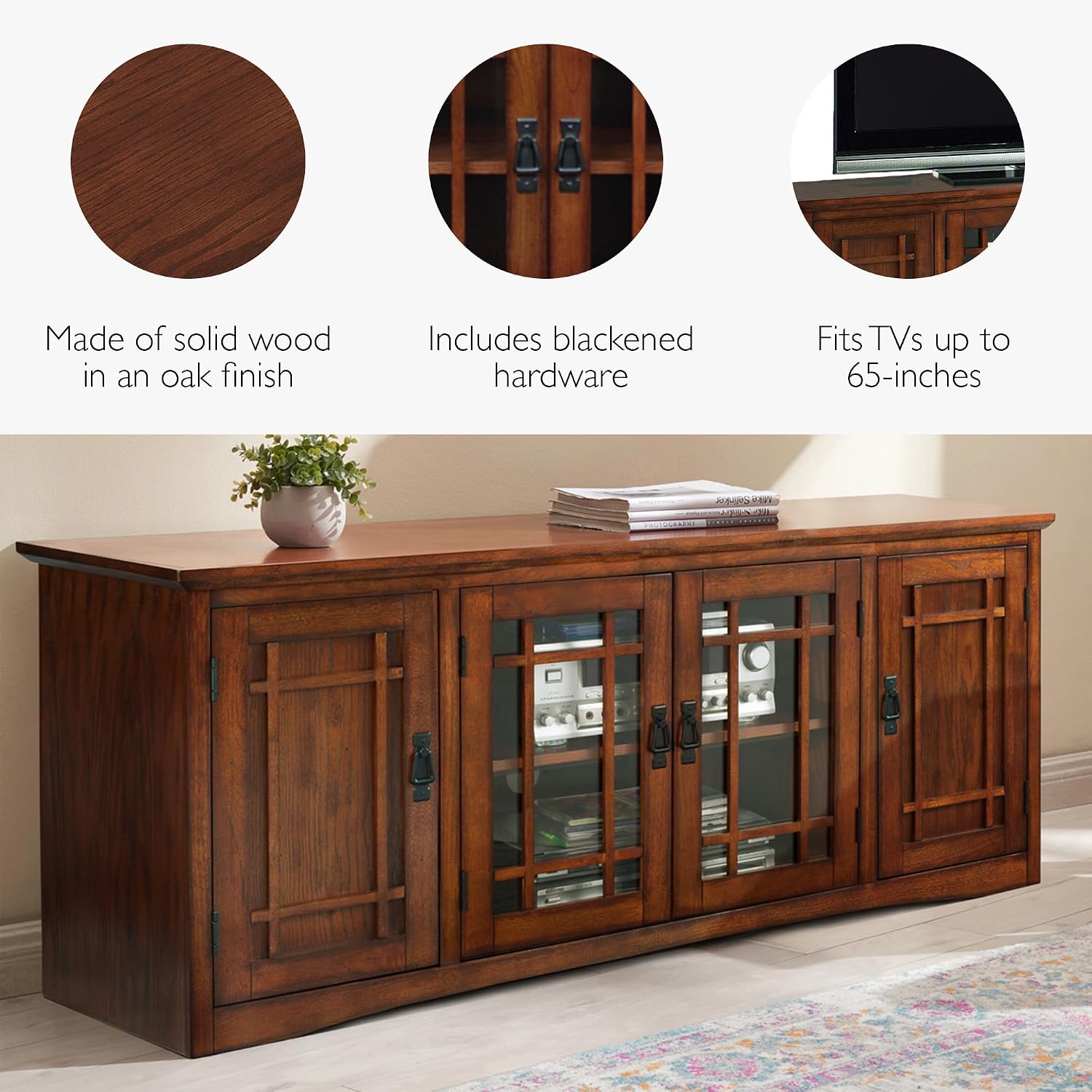 Leick Home 82360 Solid Wood Mission Oak Four Door TV Stand For 65' TVs Universal TV Console Living Room Storage Shelves Entertainment Center, Mission Oak