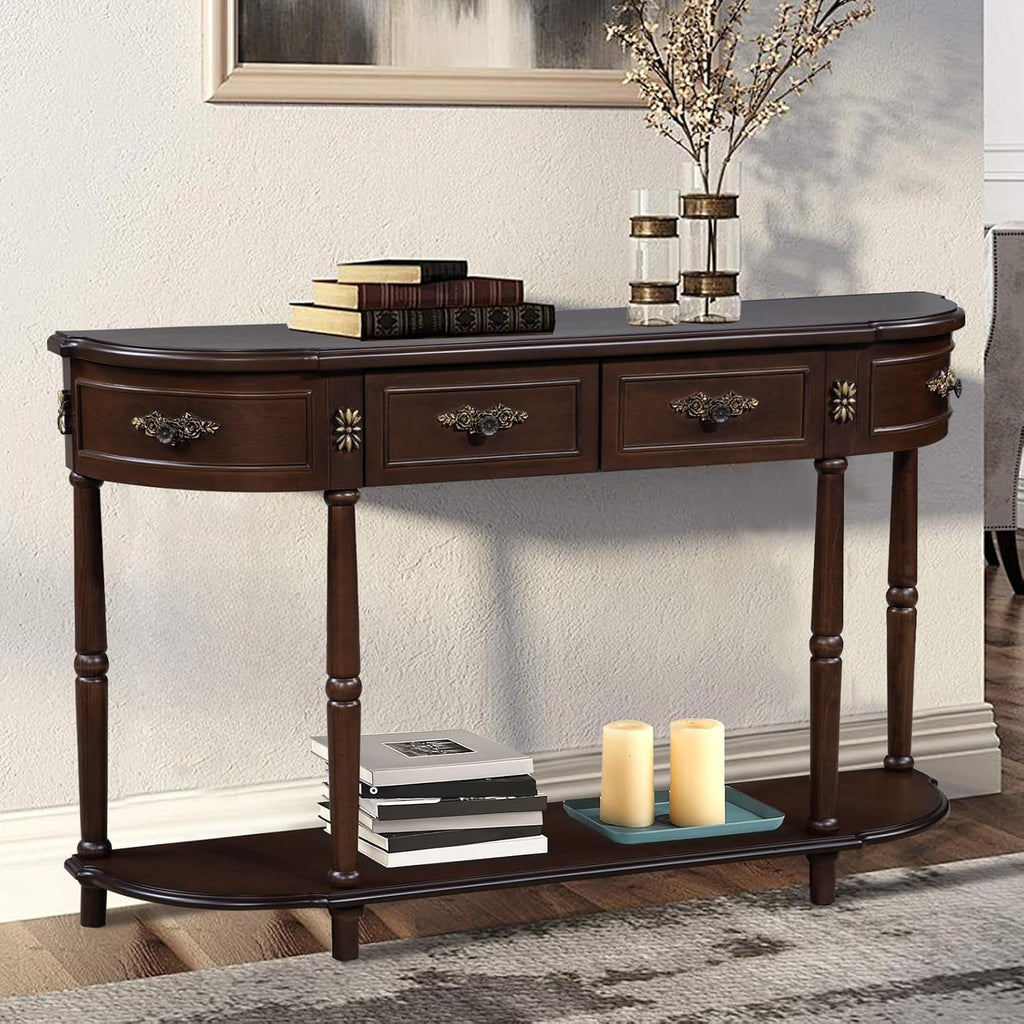 Retro Curved Console Table, 52' Half Moon Console Table Sofa Table Entryway Table with 2 Drawers 1 Open Shelf Solid Pine Legs for Living Room,Entryway,Hallway,Espresso