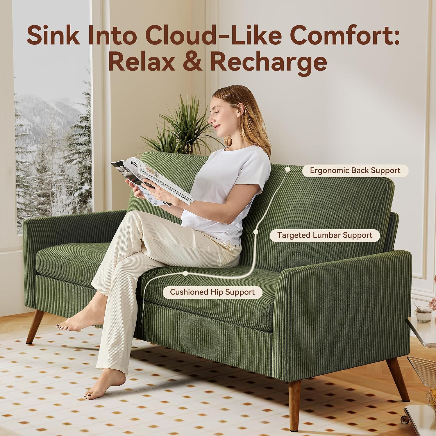 Vipbear 68' Loveseat Sofa - Green, Comfy Corduroy with Spring Cushion, Solid Wood Frame, Modern Deep Seat, Bedroom & Living Room, Office Small Couch