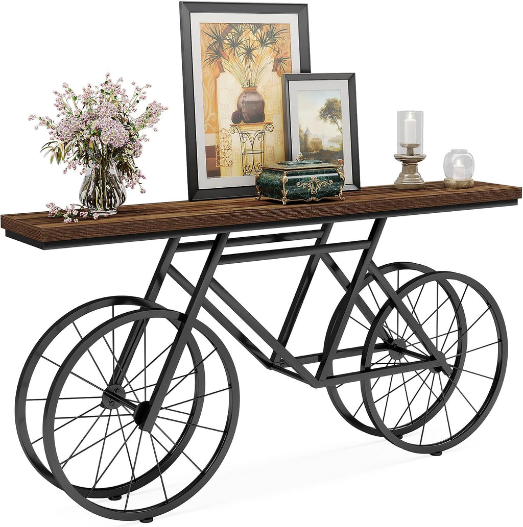 Tribesigns Extra Long Console Table, 70.9-Inch Narrow Sofa Table Behind Couch with Bicycle Metal Base, Industrial Entryway Table for Entrance, Hallway, Living Room, Brown