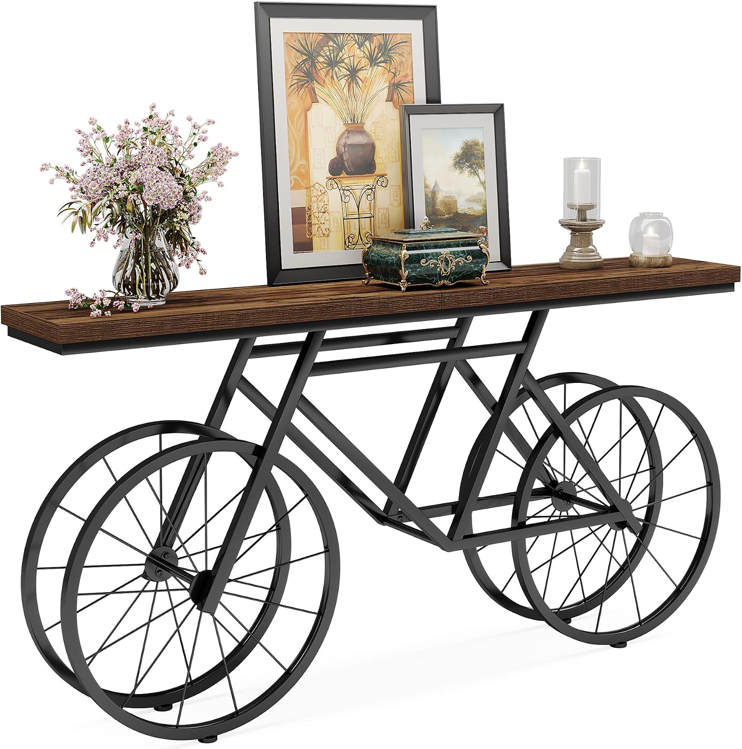 Tribesigns Extra Long Console Table, 70.9-Inch Narrow Sofa Table Behind Couch with Bicycle Metal Base, Industrial Entryway Table for Entrance, Hallway, Living Room, Brown