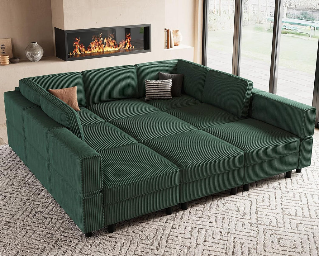 Belffin 9 Seats Corduroy Modular Sectional Sofa, Comfy Upholstered Sectional Couches for Living Room,Green