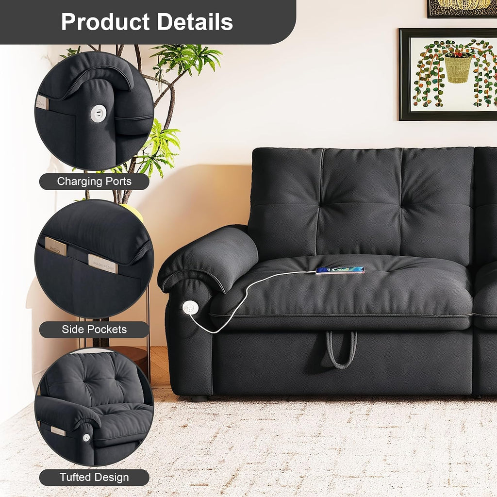 MAKIAAP Sleeper Sofa Bed, Queen Size Sofa Bed, Convertible Pull Out Couch with Adjustable Backrest, USB Port and Side Pockets, Modern 2 Seater Small Couches for Living Room, Space-Saving