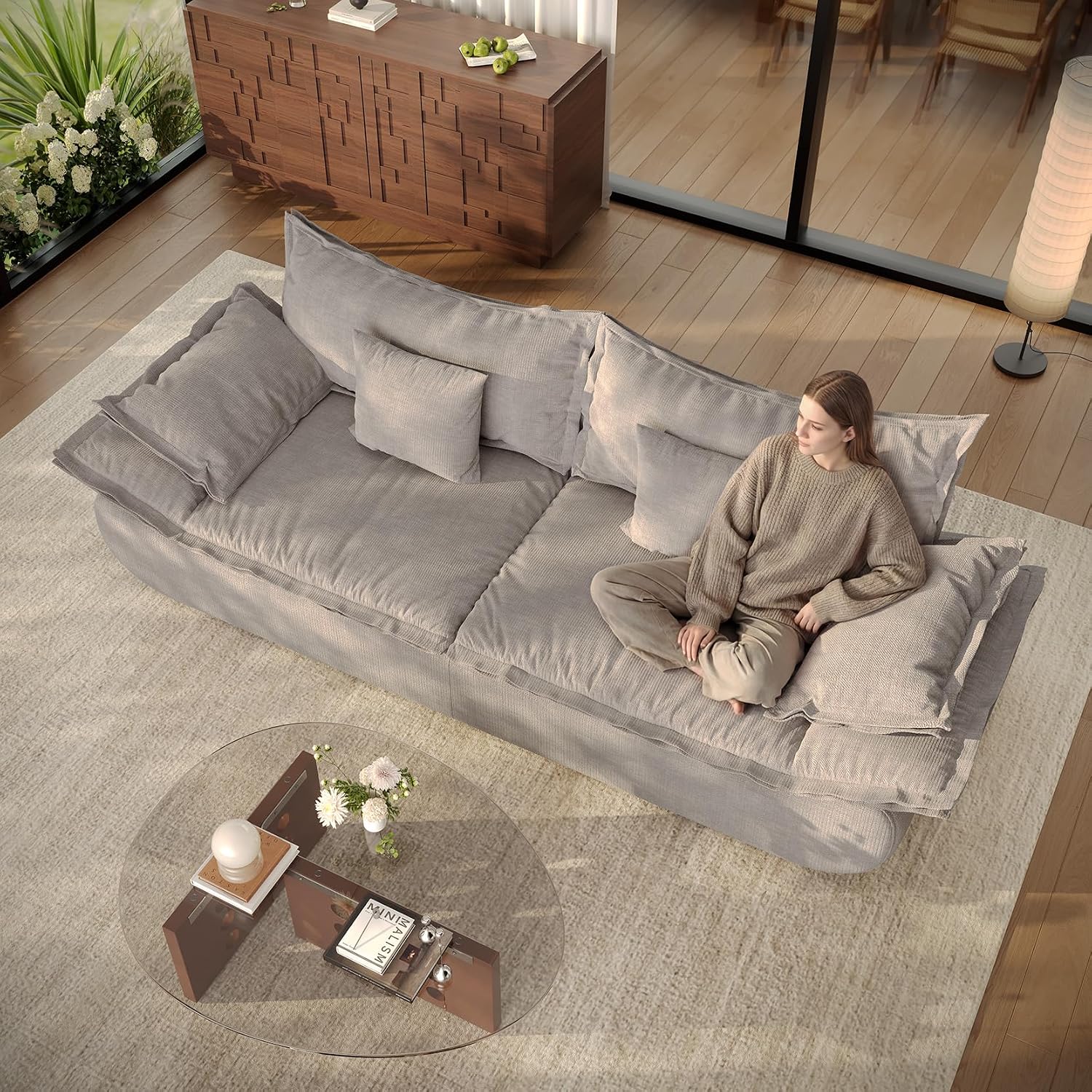 Vesgantti 86.6' Cloud Couch for Living Room, Modern 3 Seater Sailboat Sofa with Deep Seat, Comfy Chenille Upholstered Boneless Couch with Curved Armrest, No Assembly Required, Light Grey