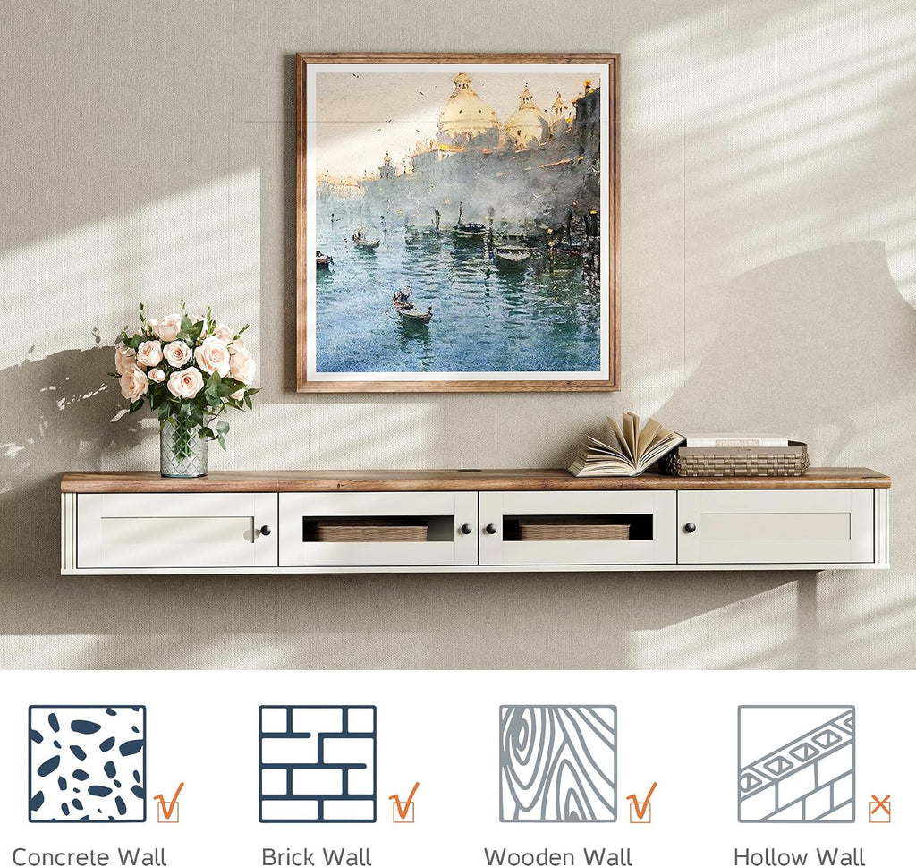 WAMPAT Floating TV Stand for TVs up to 80 Inches, Wooden Wall-Mounted TV Shelf with Charging Station, Modern Floating Entertainment Center for Living Room Decor, White