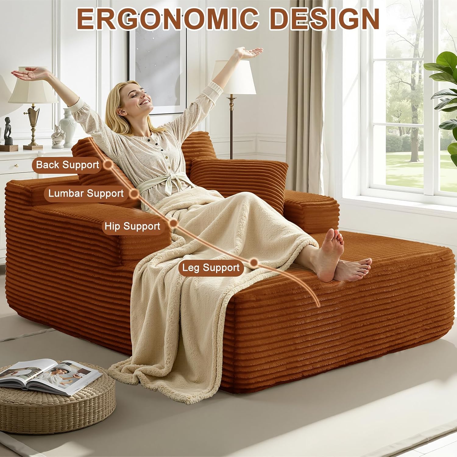 67.5 Inch Oversized Indoor Chaise Lounge, Sofa Bed, Living Room Couch, Corduroy Sofa, Couches for Living Room, Deep Seat Sleeper Couch Reading Chairs (Brown)