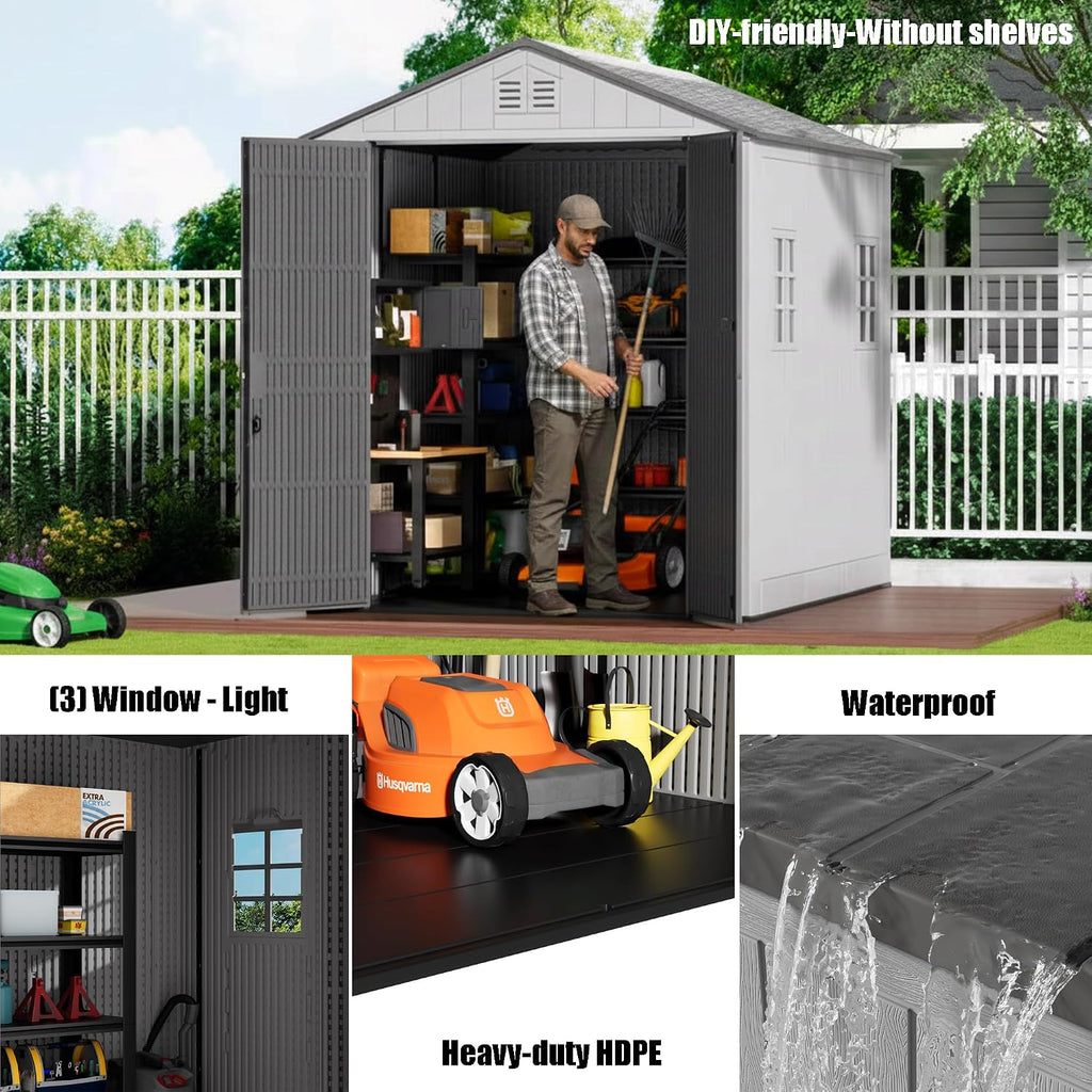 Mrosaa 6x8.6 FT Storage Shed with Floor,HDPE Resin Outdoor Storage Shed Weather Resistant,Lockable Garden Sheds with Windows for Home/Garden Tools/Backyard/Lawn Mower/Bike Storage(Gray)