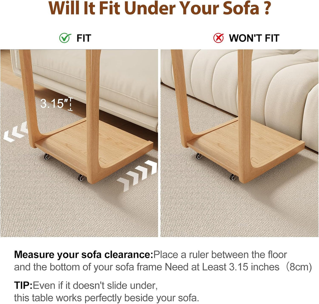 AQIMUELE Wooden C-Shaped End Table,Couch Table with Adjustable Desktop,Small Rolling Side Table with 2 Lockable Wheels,Small End Table for Couch, Living Room,Bedroom (Natural)
