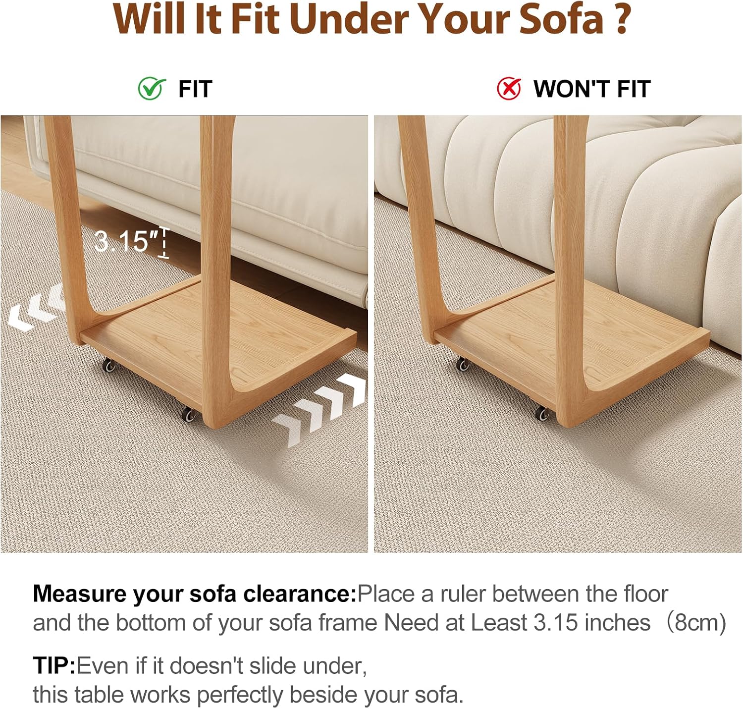 AQIMUELE Wooden C-Shaped End Table,Couch Table with Adjustable Desktop,Small Rolling Side Table with 2 Lockable Wheels,Small End Table for Couch, Living Room,Bedroom (Natural)