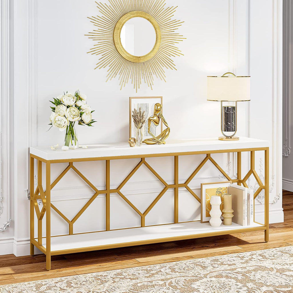 LITTLE TREE 70.9 Inch Extra Long Sofa Table, Industrial Narrow Long Sofa Tables Entry Table Behind Couch Table with Open Storage Shelf, White Gold
